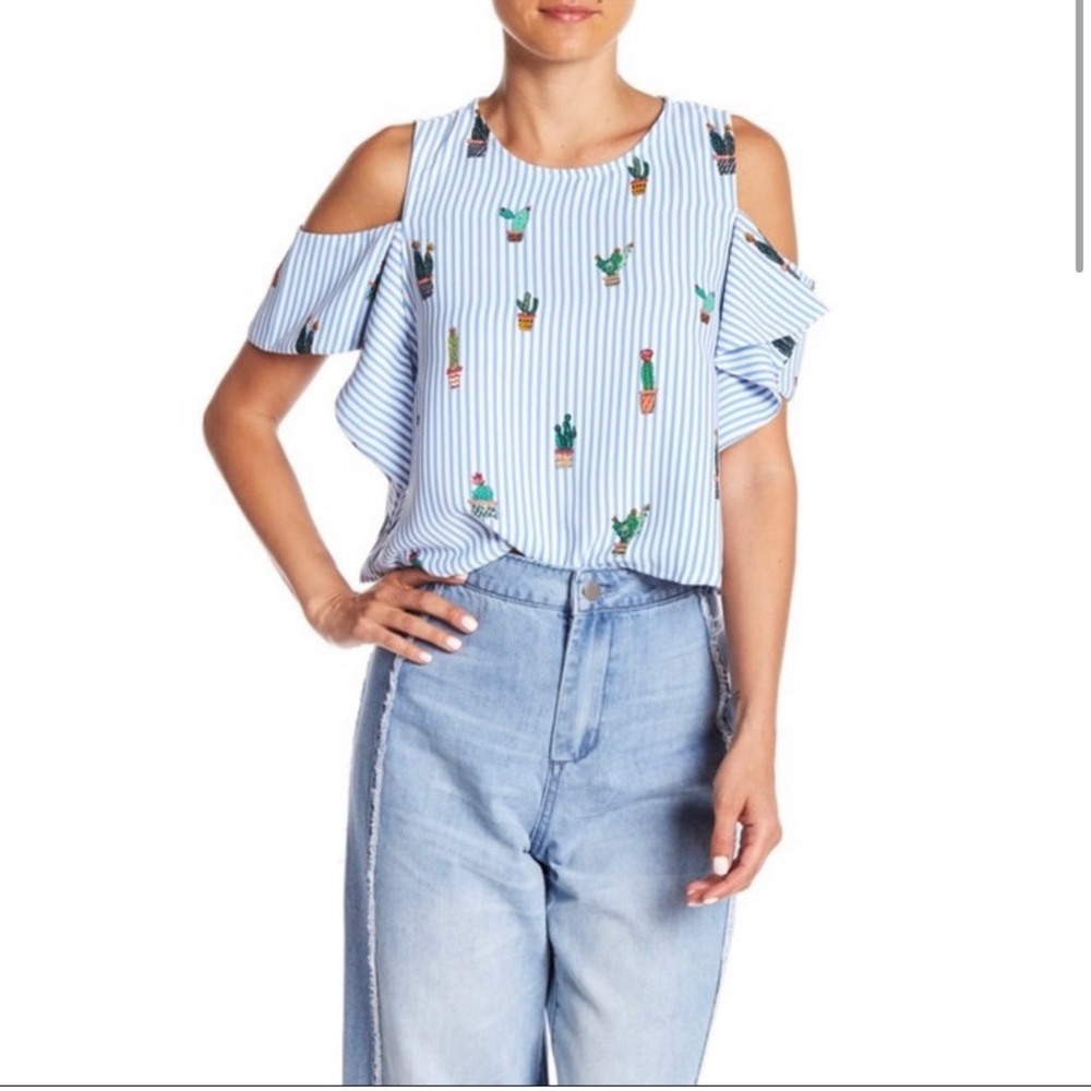 DO+BE Blue and White Striped Cacti Cold Shoulder Blouse